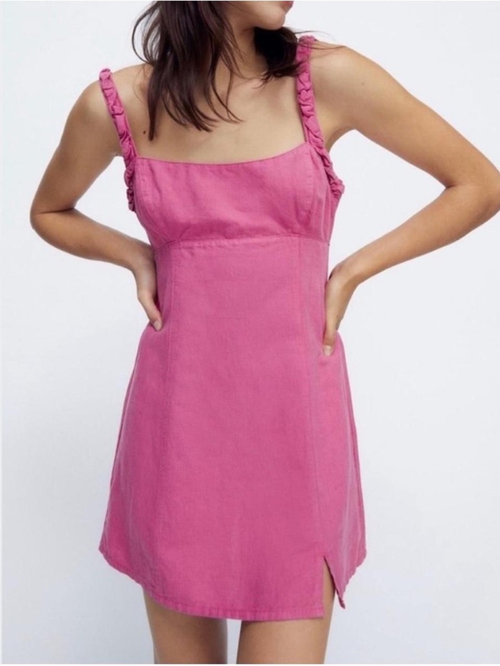 Zara Hot Pink Braided-Strap Linen Mini Dress